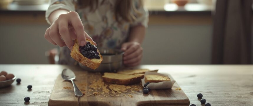 Woman holding bread with blueberry jam and spoon, kids and hand visible, wooden table and light setting, white background