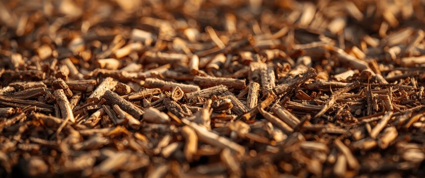 Recycled mulch background with detailed view of wood chips from tree bark used for mulching and soil improvement
