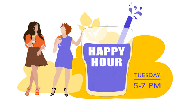 Encart pour annoncer un evenement happy hour entre femmes, une soir&eacute;e pour partager des cocktails et cr&eacute;er du reseau entre entrepreneurs - publication media sociaux - Illustration vectorielle