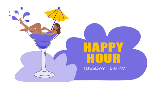 Encart pour une publication media sociaux afin d'annoncer une happy hour ou afterwork dans un bar &agrave; cocktails. Ev&egrave;nement pour se d&eacute;tendre entre femmes apr&egrave;s la travail