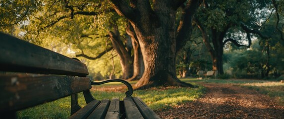 Obraz premium Near view of a bench amid trees