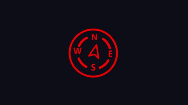 Red compass icon with cardinal directions on a dark background Keywords: compass icon, navigation icon, direction icon, travel icon, orientation icon, north south east west icon, symbol, graphic