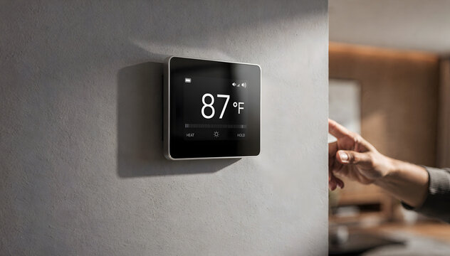 Elevated Home Comfort: A High-Tech Thermostat Displaying 87 Degrees Fahrenheit, Controlled by a Person's Hand, Symbolizing Smart Climate Control for Modern Living