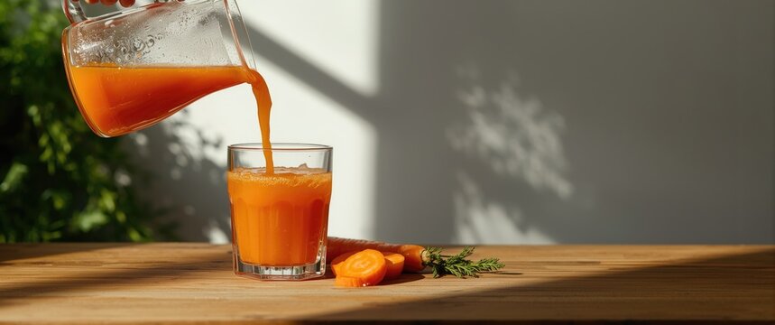 Freshly prepared carrot juice being poured into a glass on the table