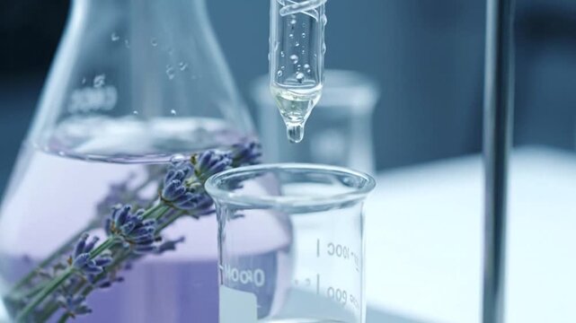Laboratory setup with lavender in a beaker and liquid being measured.