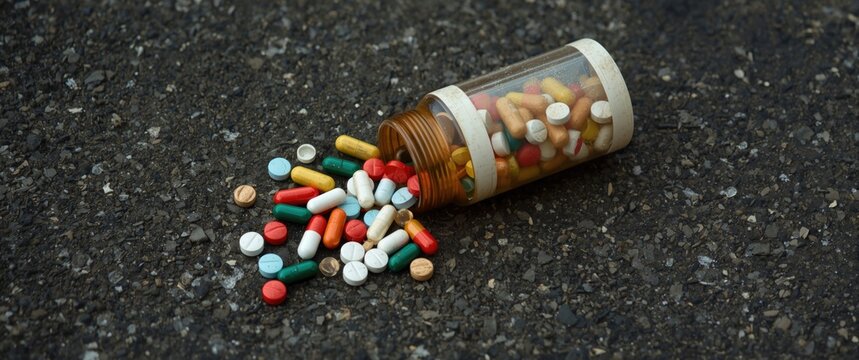 Medication plastic bottle fell outside, drugs scattered on the ground, tablets and capsules spilled, unsafe to ingest