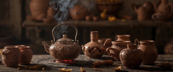 Fototapeta premium Set of Mud Pots with a Tea Kettle Placed on a Hot Coal Stove