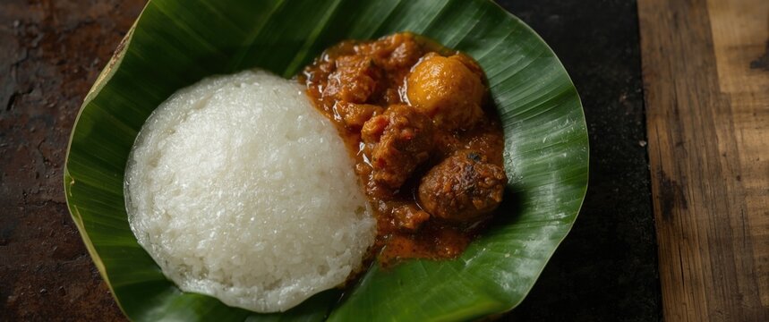 Traditional Kerala breakfast of Appam with mutton beef roast curry on a green banana leaf, Kuttanad Alappuzha
