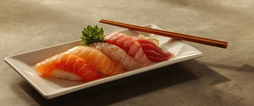 Seafood sushi from Japan displayed on a white plate with chopsticks
