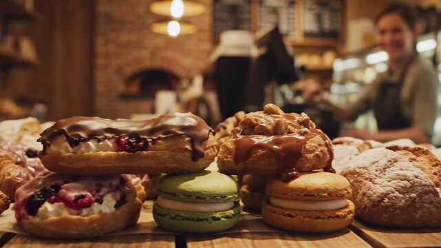 Close up view of freshly baked croissant and assorted pastries displayed on a rustic wooden counter inside a cozy, dimly lit artisanal bakery.