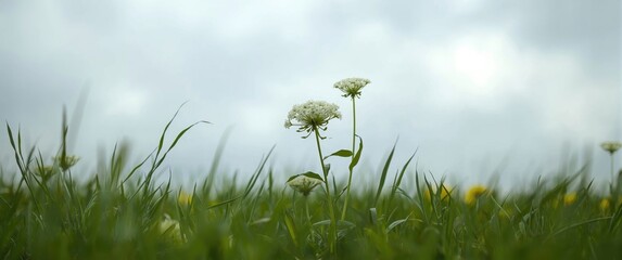 Obraz premium The white-flowered Daucus carota, part of the Apiaceae family, is native to temperate regions of Europe and southwest Asia, featuring a background of flowers, sky, summer, nature, spring, grass,
