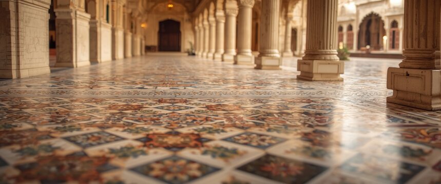 Elegant floor tiles in Suraj Bhawan, Deeg Palace, Deeg, Rajasthan, India