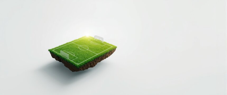 Isolated soccer field on a floating island against a white backdrop