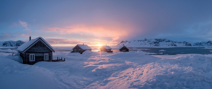 Arctic winter sunlight illuminating isolated fishermen huts in the snow, Hasvik, Soroya Island, Troms og Finnmark, Northern Norway, Scandinavia, Europe