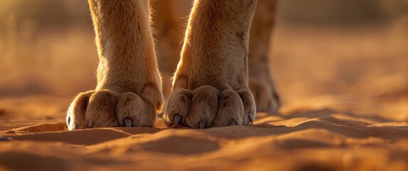 Obraz premium Up-close shot of mighty lion paws on the soft Kalahari desert sand