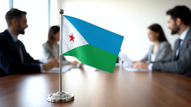 Djibouti Flag on Table with Businesspeople in Conference Room
