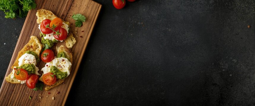 Close-up of toast topped with cottage cheese, pesto sauce, chili, and cherry tomatoes on a wooden board with a black background