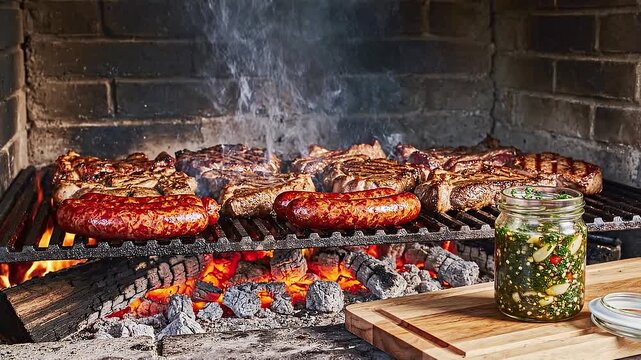 Argentinian Style Barbecue: Close-up of Sausages and Steaks Grilling over Open Fire with Hot Coals and Smoke, served with Fresh Chimichurri Sauce.