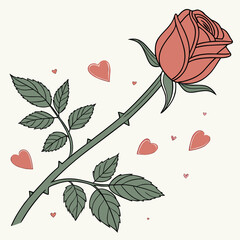Romantic rose illustration with thorns and hearts