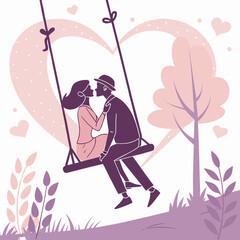 Romantic couple kissing on a swing illustration