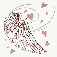 Stylized angel wing with floating hearts illustration