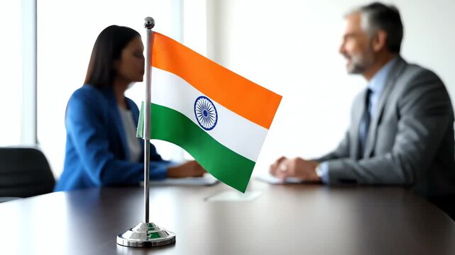 Indian Flag on Tabletop with People Talking in Blurred Background