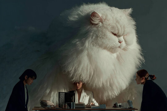 Giant white fluffy cat overseeing a business meeting