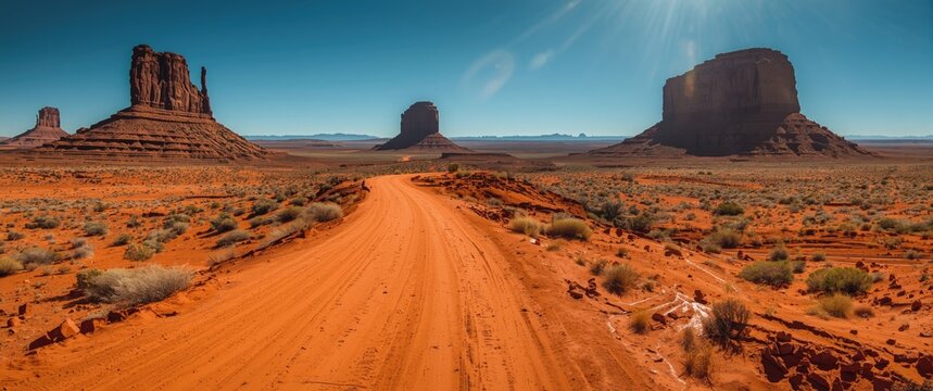 Red dirt road amid rocky desert landscape