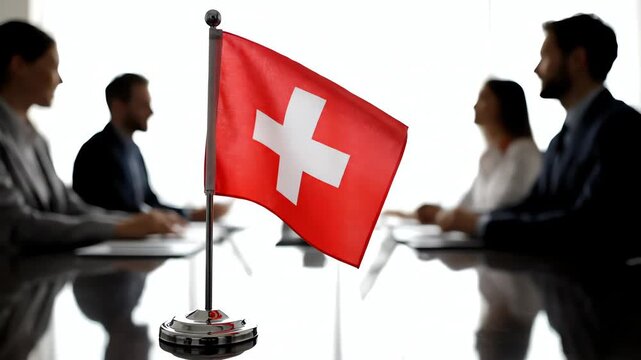 Swiss National Flag on Conference Table with Blurred Business Meeting in Background
