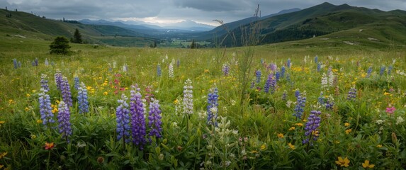 Obraz premium Wildflowers at Heliotrope Ridge: August Blooms of Lupine, Indian Paintbrush, and Yellow Asters