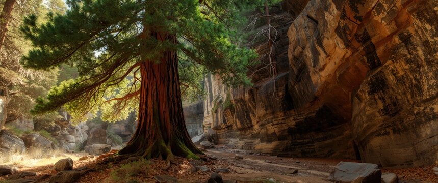 A cedar tree growing successfully in a ravine