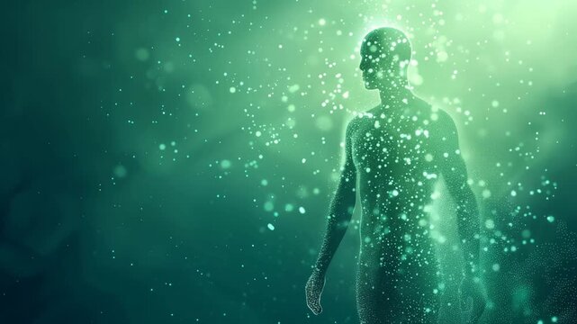光の粒子で形成された抽象的な人物像　未来・デジタル・自己超越・メディカルのイメージ動画