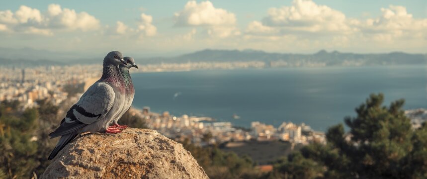 Pigeons resting on a brown rock near Glyfada Beach and Saronic Gulf in Athens, Greece