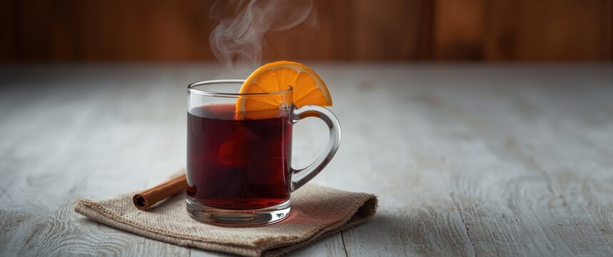 Spiced mulled wine featuring an orange slice on a napkin