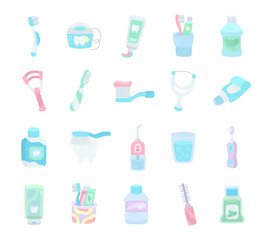 Cleaning teeth set in scandinavian style featuring oral hygiene tools toothbrush toothpaste floss mouthwash irrigator scraper cup electric care