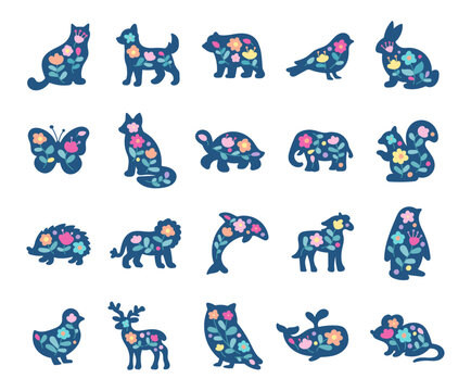 Animal silhouette set scandinavian style floral fauna creatures decorative botanical shapes nature habitat suitable branding marketing packaging posters