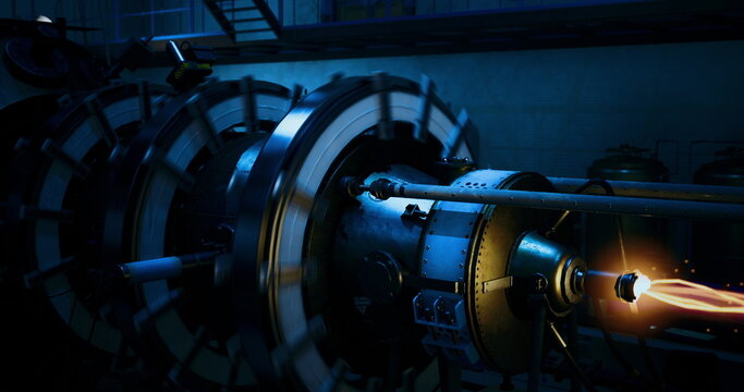Glowing plasma inside industrial turbine chamber, bluelit rotor spins within metal housing, electric arc feeds energy into core while insulated cables