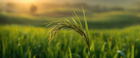 Fototapeta premium Morning sunrise over rice plant with bright dew on leaves in Sisaket, Thailand