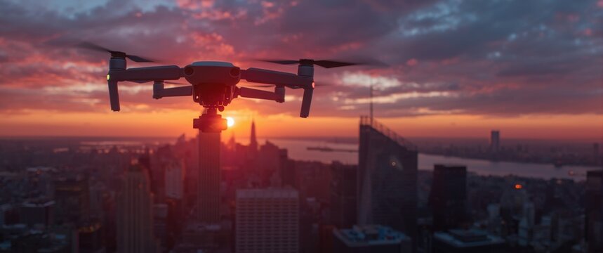 Aerial drone hovering against the evening sky