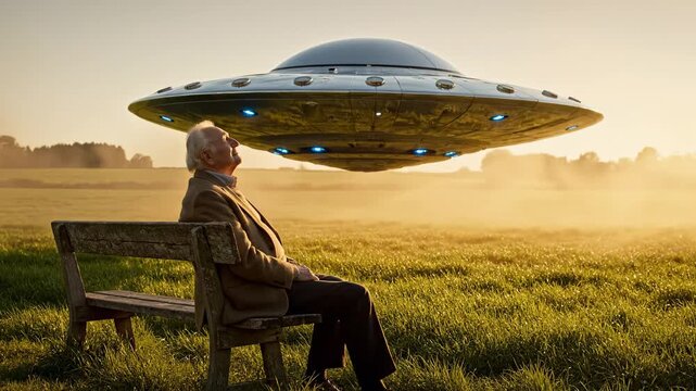 A senior man sits serenely on a rustic wooden bench in a sunlit grassy field, gazing upward at a large, metallic, disc-shaped UFO with glowing blue lights hovering mysteriously above. The scene