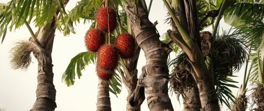 Jatropha trees with ripe rambutans hanging