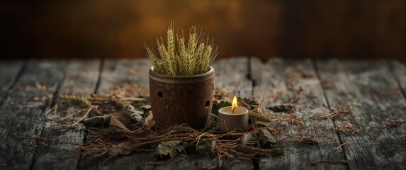 Fototapeta premium Cup of green wheat with burning candle, oak leaves and straw on a wooden table for Orthodox Christmas celebration