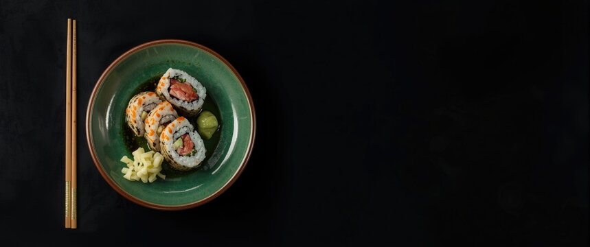 Sushi served on a green plate with ginger, wasabi, and soy sauce against a black background, food, isolated, kitchen, restaurant, fish, Japanese, Asian
