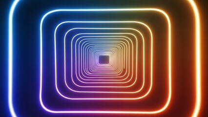 Fototapeta premium A deep-perspective neon tunnel made of glowing rounded square lines in blue, purple, and orange transitions.