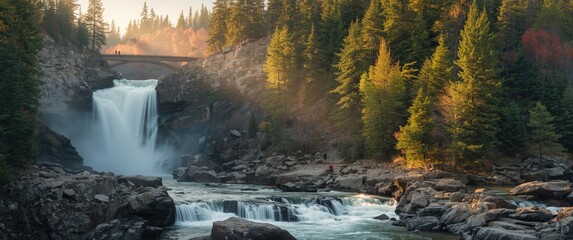 Fototapeta premium Discover the beauty of Tahquamenon Blackwater River Falls: waterfall, river, evergreen, hike, Michigan, tanning, tea, power