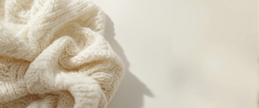 Background of white crumpled knitted wool fabric made from viscose yarn, shown in close up