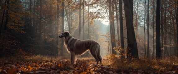 Fototapeta premium Russian wolfhound roaming in the forest