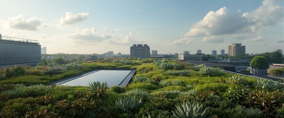 Fototapeta premium Green roof construction with extensive vegetation coverage, utilizing sedum cassette and succulent plants for sustainability