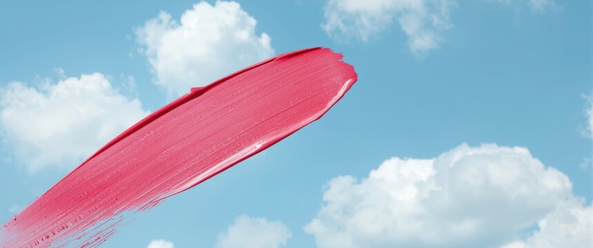 Clouds and blue sky serve as backdrop for pink lipstick smears, emphasizing cosmetics beauty products including liquid blush, lipstick, and lipgloss swatches