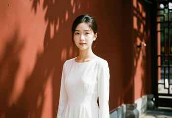 A beautiful young woman wearing an elegant white dress stands gracefully against a textured red wall with artistic leaf shadows on a sunny day.